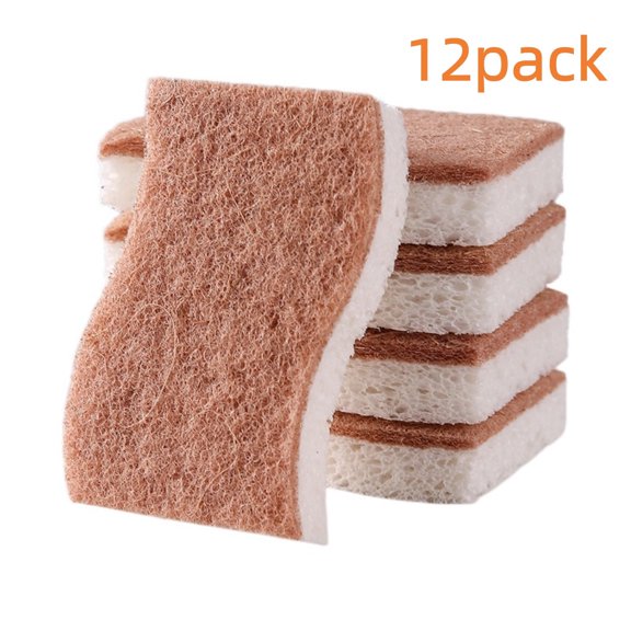 Natural Kitchen Sponges 12 Pack, 100% Plant-Based Non-Scratch Dish Scrubber, Coconut Fiber and Cellulose Sponge, Eco-Friendly Compostable Scrub Pads