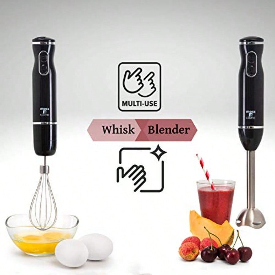 Hand Blender With Egg Whisk Powerful 300-Watt Stick Blender Hand Mixer Set Stainless Steel Shaft and Blades Black Handheld Blender With Ergonomic Handle Without Chopper