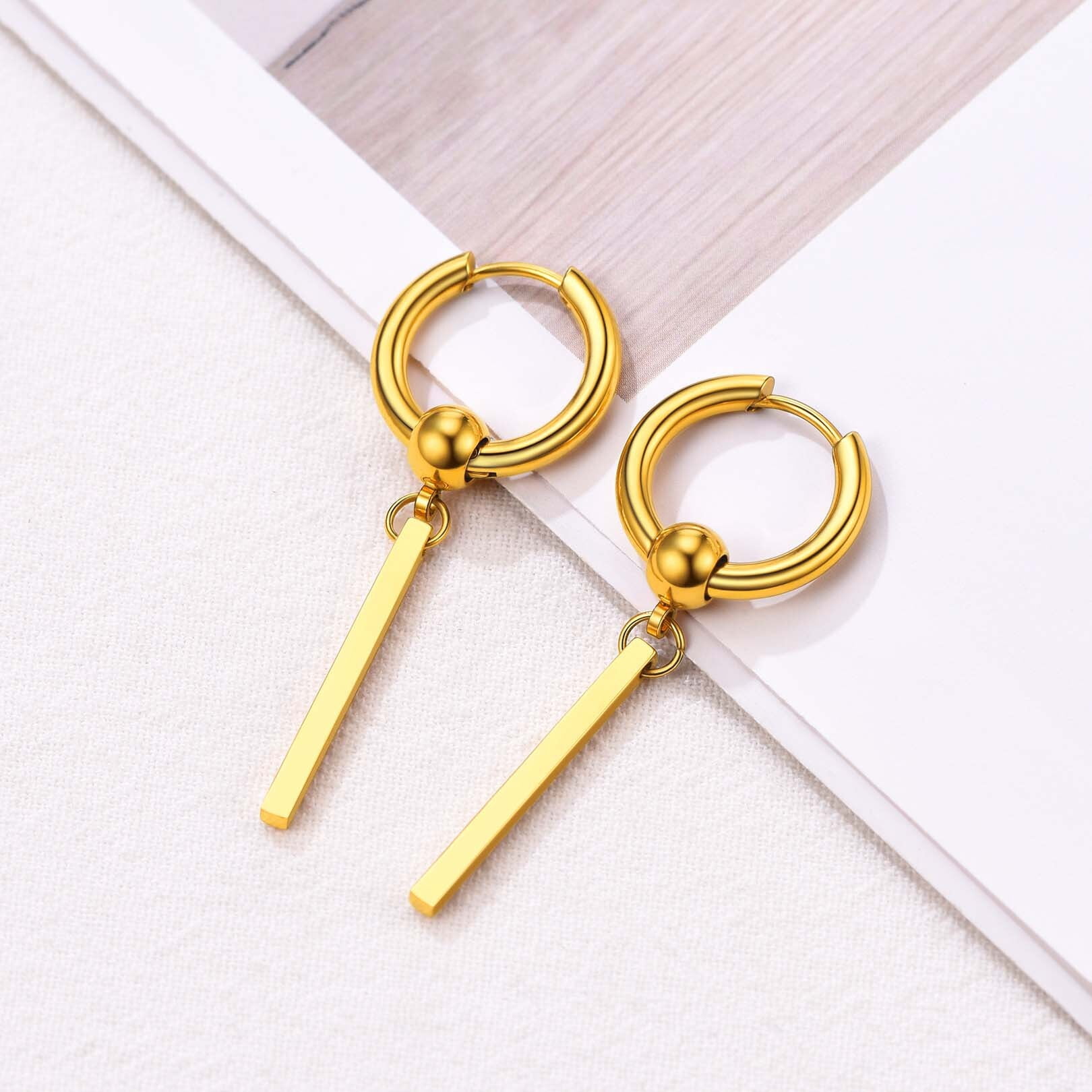 FOCALOOK Hoop Earrings for Women Drop Dangle Vertical Bar Earrings 18K Gold Plated