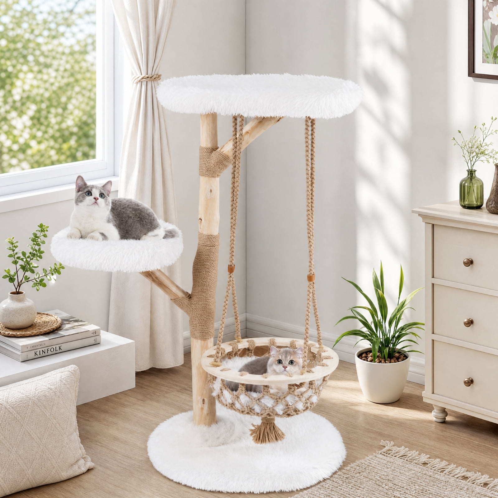 SUGIFT 48.5 Inch Solid Wood Cat Tree with Hanging Cradle, Tall Modern Cat Tree Tower for Large Cats with Jute Post and Plush Perch, Natural and White