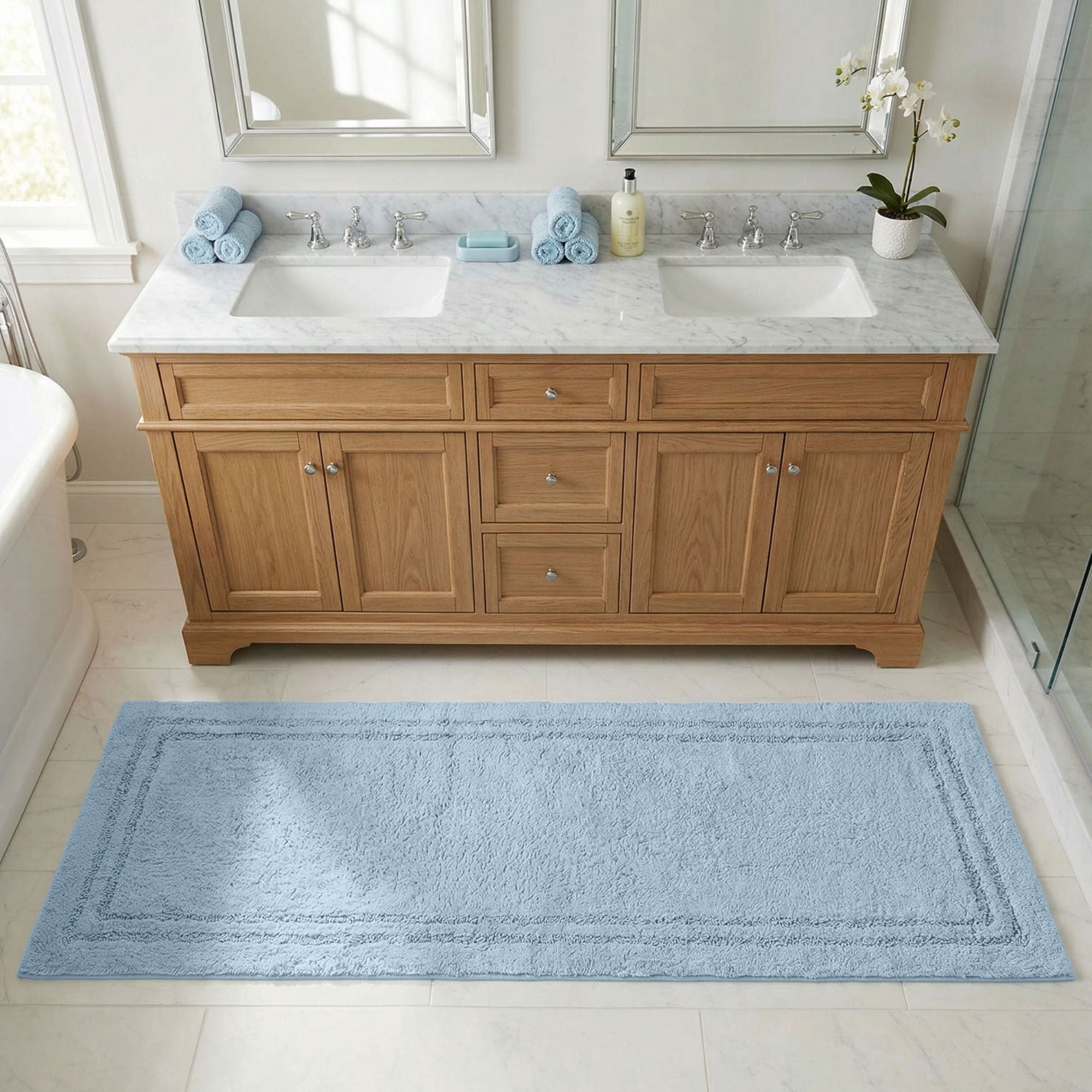 Superior Solid Bordered Cotton Washable Non-Slip Bath Rug, Runner Size, Light Blue