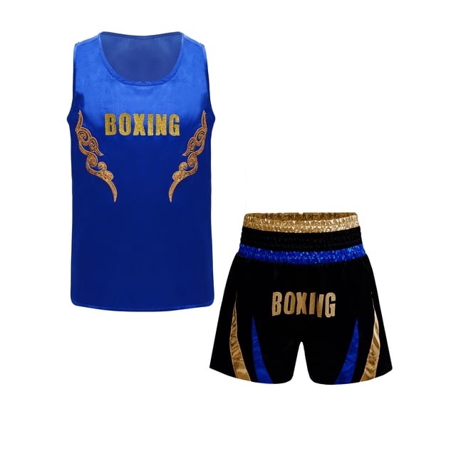 Linjinx Kids Unisex Boxing Kickboxing Training Suit Halloween Costumes Shiny Letter Printed Tank Top and Shorts Set Blue 8