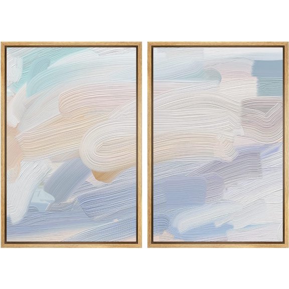 IDEA4WALL Framed Canvas Print Wall Art Set Pastel Paint Stroke Wave Collage Digital Art Decor Retro Pastel Abstract Artwork Contemporary for Living Room, Bedroom, Office - Natural 24"x36"x2