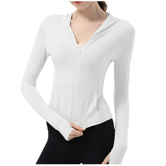 Kaemgyyd Womens Tops Sports Hoodie Full Zip Slim Long Sleeve Yoga Shirts Solid Color Sun Protection Jackets with Thumb Holes