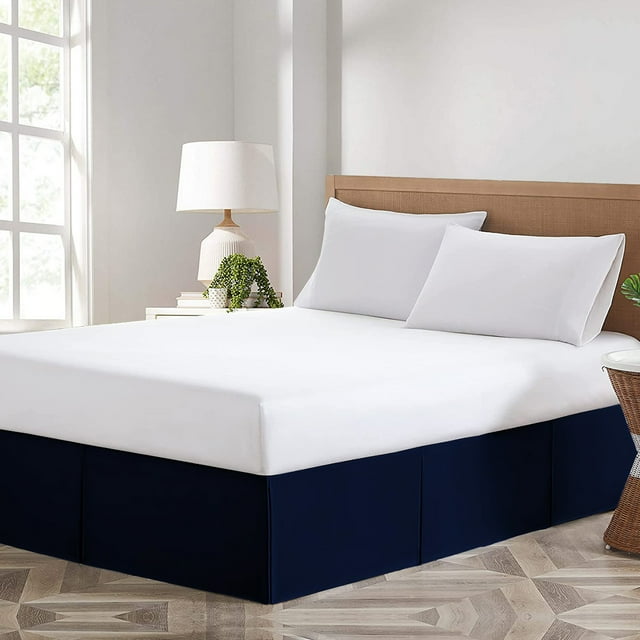 Magic Bed Skirt 9" inch Drop Pleated Pattern, Split Corners Microfiber BedSkirts (Queen-Navy Blue)