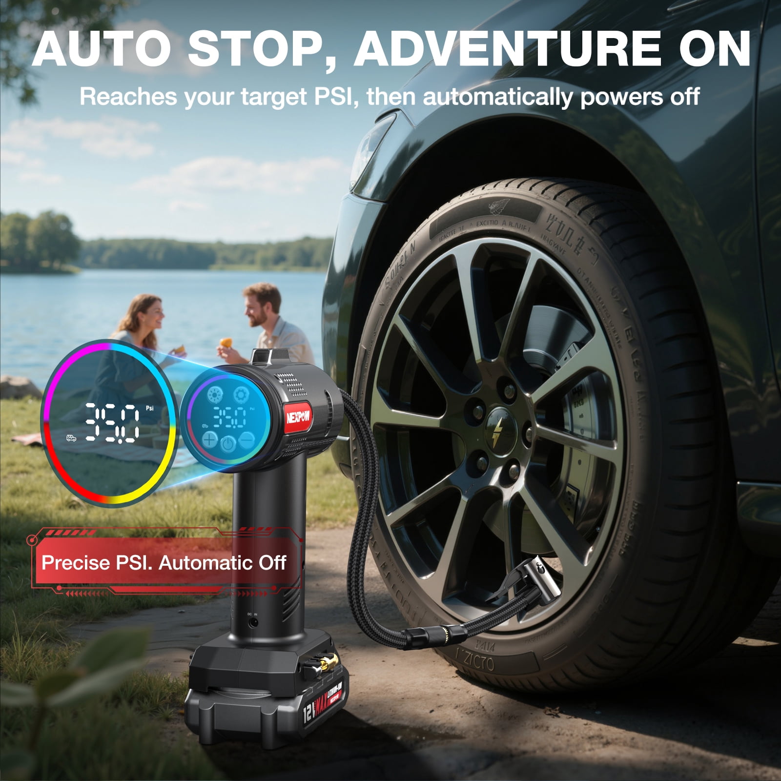 NEXPOW 160PSI Cordless Tire Inflator, Portable Air Pump for Car Tires, Dual Power Air Compressor with 12V DC Adapter, Auto Shutoff, Digital Pressure Gauge, LED Light for Car/Bike/Ball