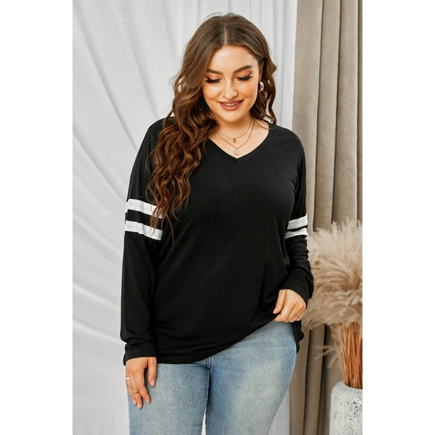 POGLIP Women's Black Gray V Neck Stripes Stitching Plus Size Long Sleeve Top