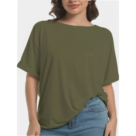 Oversized T Shirts for Women Short Sleeve Loose Fit Crewneck Summer Tops Casual Basic Rolled Sleeves Tee Shirt