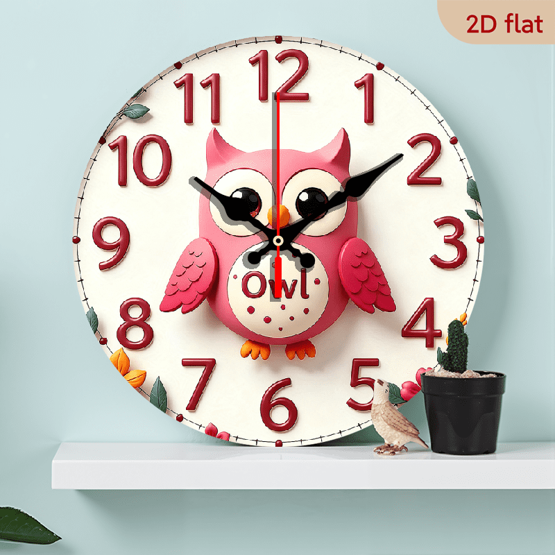 2D Flat 1pc 10Inch Wooden Charming Pink Owl Vintage Wall Clock - Round Wooden Decor with Colorful Leaves Floral Accents, Silent, Bedroom, Living Room, Office - Ideal for Birthdays
