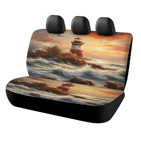 Lighthouse Sunrise Coast Scenery Pale Blue Tan Print Car Accessories Car Rear Seat Covers Fashion Auto Back Seat Protector Decoration Universal Auto Interior
