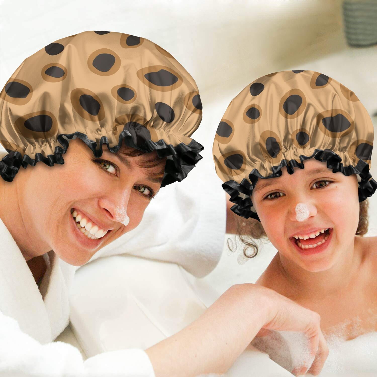 Shower Caps,Beige and Black Of Leopard Print Waterproof Shower Cap for Women 4 Pieces,Double Reusable Hair Cover for Shower PEVA Elastic Stretch Hem