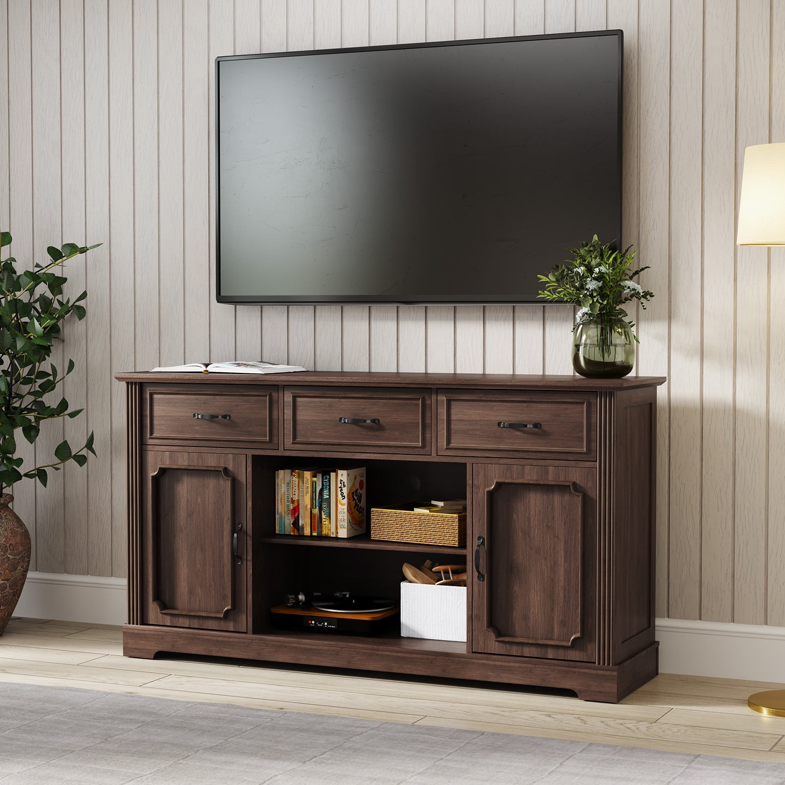 HLR Mid Century 60" TV Stand for TV up to 65", Entertainment Center with Drawers Storage for Living Room, Brown