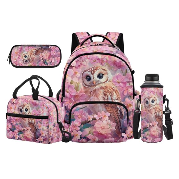 Jeiento Owl 17 Inch Backpack Set for Students Kids 4-Piece Lunch Bag Pencil Case Water Bottle Holder Pink Cherry Blossom Lightweight Durable Large Capacity for Girls Elementary Middle School