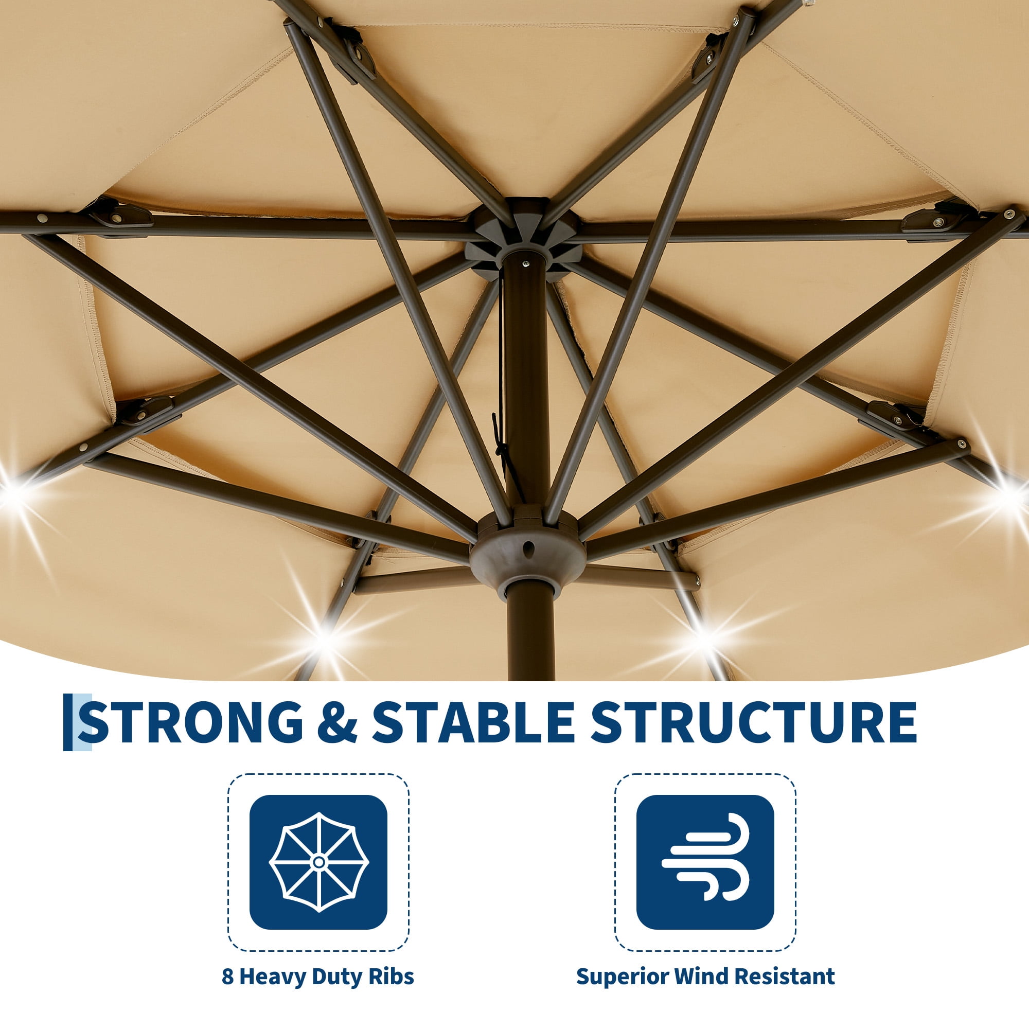 9ft Patio Umbrella with Solar LED Lights,3-Tier Outdoor Market Umbrella with Tilt and Crank, 8 Sturdy Ribs, Windproof & UV Resistant for Deck, Pool, Backyard