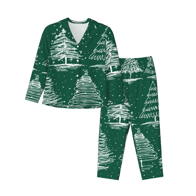 Fotbe Christmas Trees Conjunto de Pijama de Manga Larga para Mujer con Estampado, Ropa de Dormir de 2 Piezas, Conjunto de Casa Suave y Cómodo con Bolsillos-X-Large