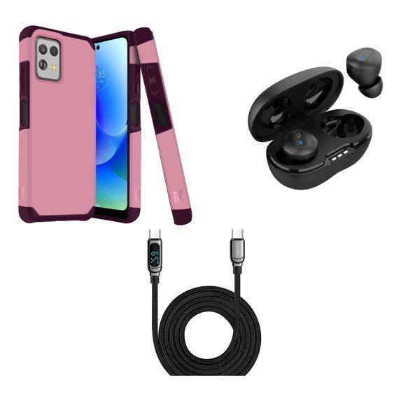 BD Combo Bundle Case for Moto G Power 5G 2023 Case - (Pink Wine) Dual Shockproof Protector Armor Case with Wireless Earbuds with Charging Case, Digital LED Display USB-C to USB-C Cable (3.3 Feet)