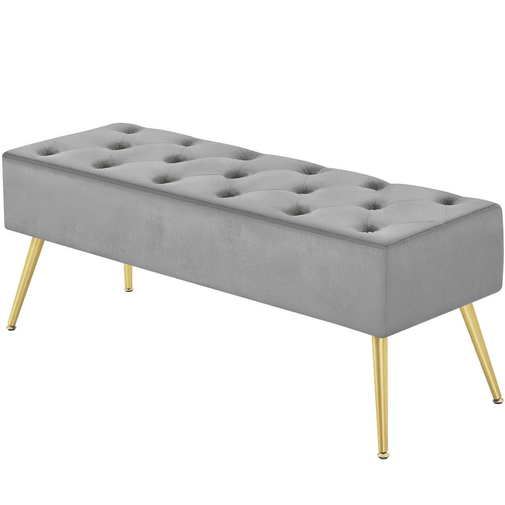 Yaheetech Modern Velvet Bench Upholstered Ottoman Footrest Stool Button Tufted with Gold Metal Legs, Gray