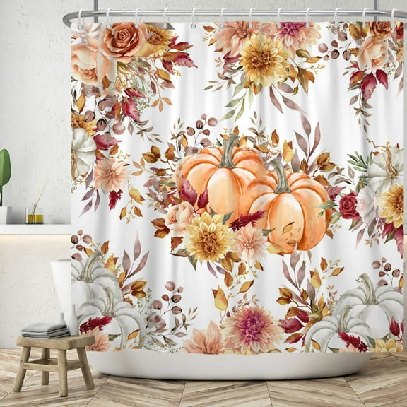 Mizhona Fall Shower Curtain for Bathroom Thanksgiving Pumpkin Fall Leaves Flower Harvest Modern Waterproof Polyester with Hooks 72"X72"