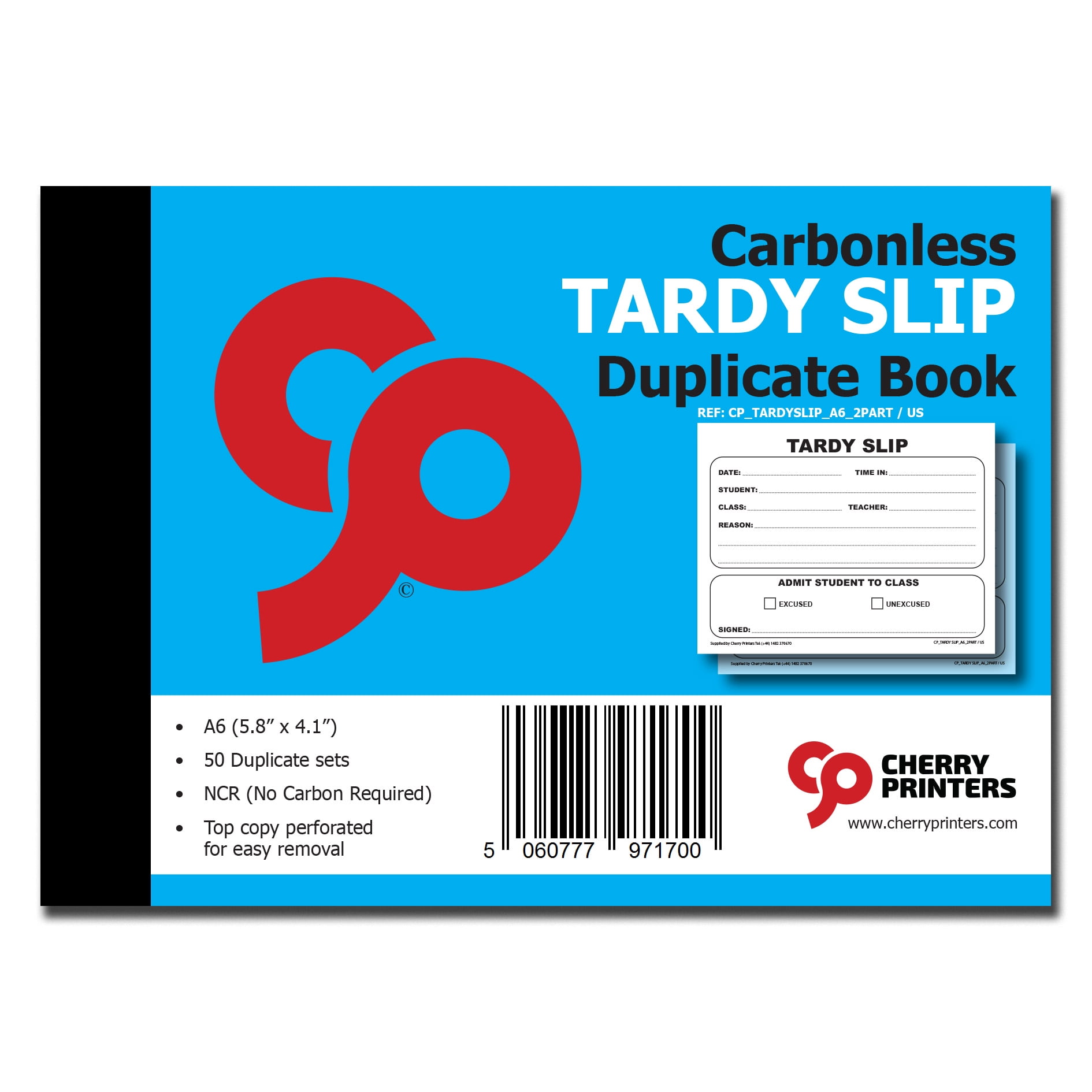Cherry Printers Tardy Slip Duplicate Book NCR Carbonless 50 sets A6 4.1" x 5.8