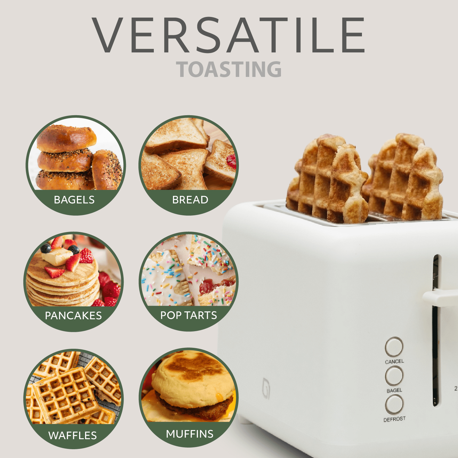 Willow Kitchen Toaster 2 Slice Wide Slot Toaster 6 Shade Settings Defrost Function Bread and Bagel Toaster, White