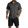 thumbnail image 2 of Hogleaql Men's 2 Pieces Summer Set Button Down Short Sleeve Shirts and Shorts Beach Set with Pockets Elastic Waist Vacation Lightweight Loose Matching Tracksuits Black 2XL, 2 of 4