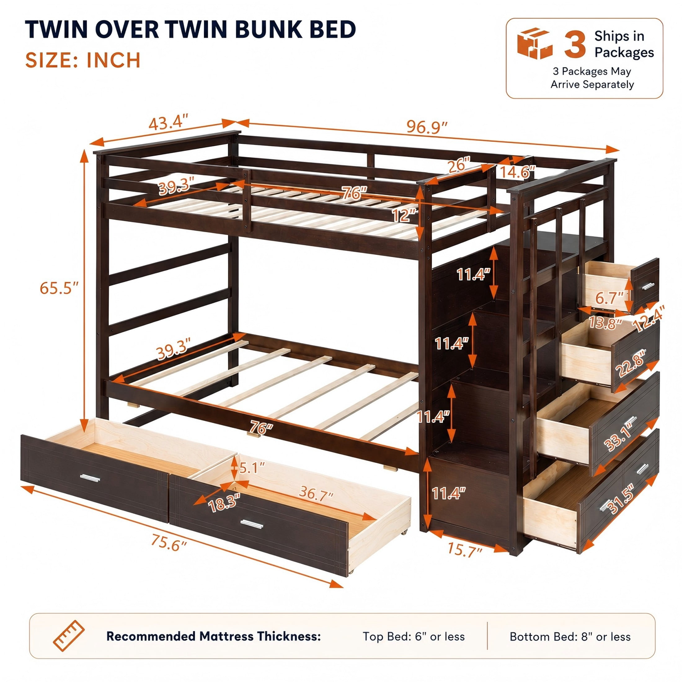Aukfa Twin over Twin Bunk Bed with 7 Storage Drawers, Wood Bunk Bed with Staircase, Space Saving Design for Kids Bedroom, Espresso