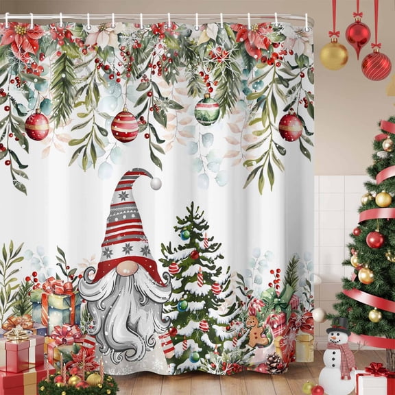 Christmas Gnomes Shower Curtain, Xmas Tree Branch Balls Poinsettia Floral Waterproof Fabric Shower Curtains with 12 Hooks, Bathroom Curtain Set for Bathroom Accessories Decor, 72 x 96 Inches