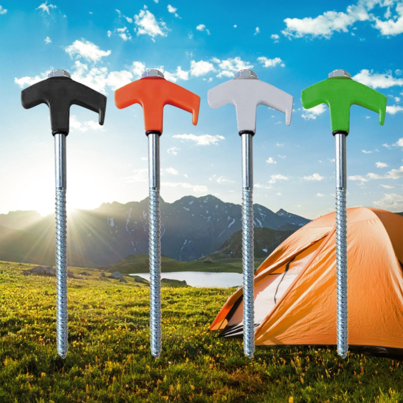 NUUUGTGB 4Pcs Screw In Tent Stakes, Heavy Duty Threaded Ground Anchors, 4 Colors Metal Camping Stakes for Tents, Canopies, Tarps, Outdoor Camping & Garden Fixing