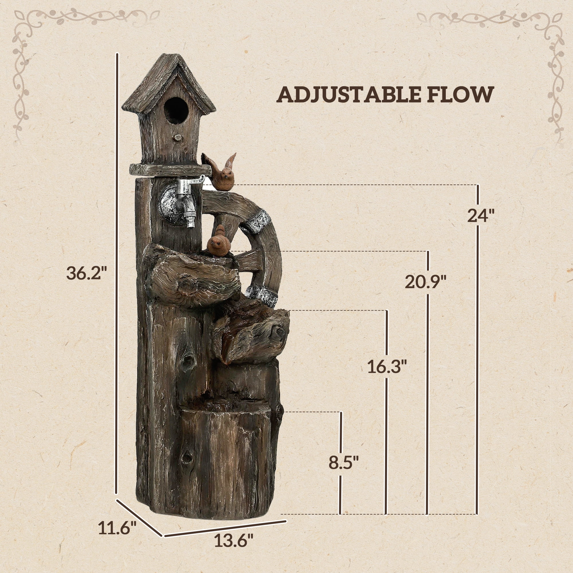Outsunny 2-in-1 Outdoor Water Fountain with Birdhouse, Outdoor Waterfall Fountain with LED Lights Pump, Resin Outdoor Water Feature, Mixed Color