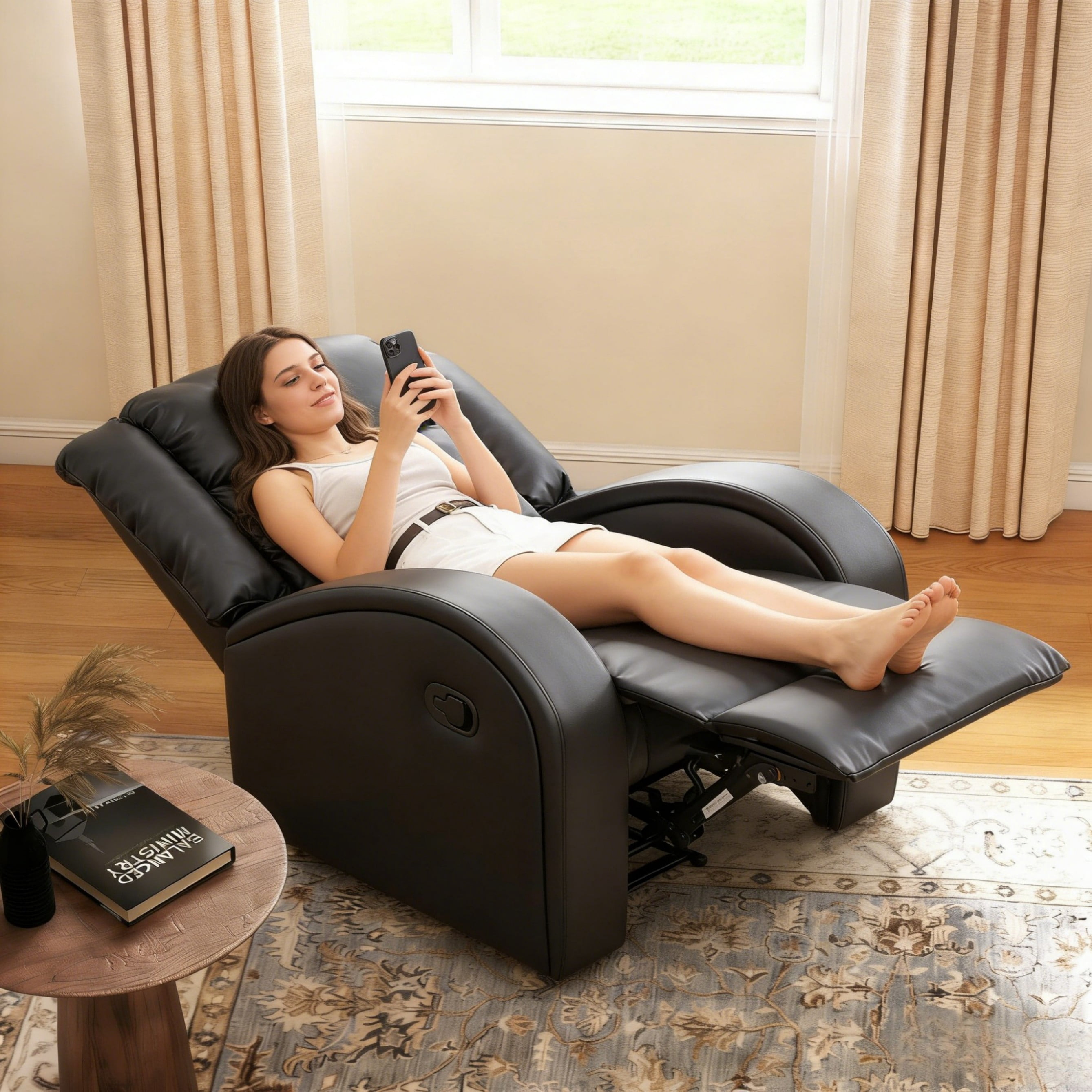 BSHTI PU Manual Recliner Chair Set of 2 – Single Sofa Recliners with Adjustable Backrest, High-Density Foam, Hardwood Frame – Comfort Lazy Chair for Living Room, Bedroom, Black