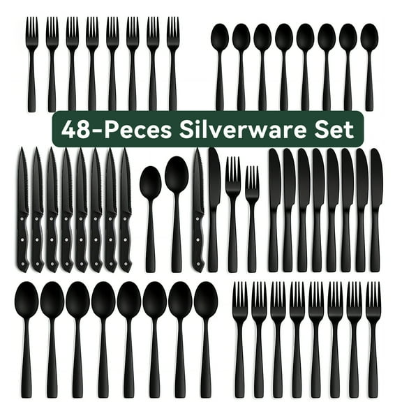 48-Piece Black Silverware Set for 8, with Steak Knives - Food Grade Stainless Steel Flatware Cutlery Utensil Set - Premium Mirror Polished Finish for Home Restaurant Daily Use