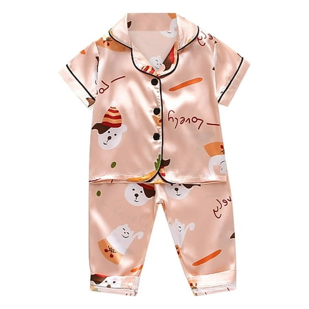 

JIEU Toddler Kids Baby Boys Girls Satin Short Sleeve Cartoon Button Down Shirt Tops + Long Pants Silk Pajamas Sleepwear Outfits Loungewear Set