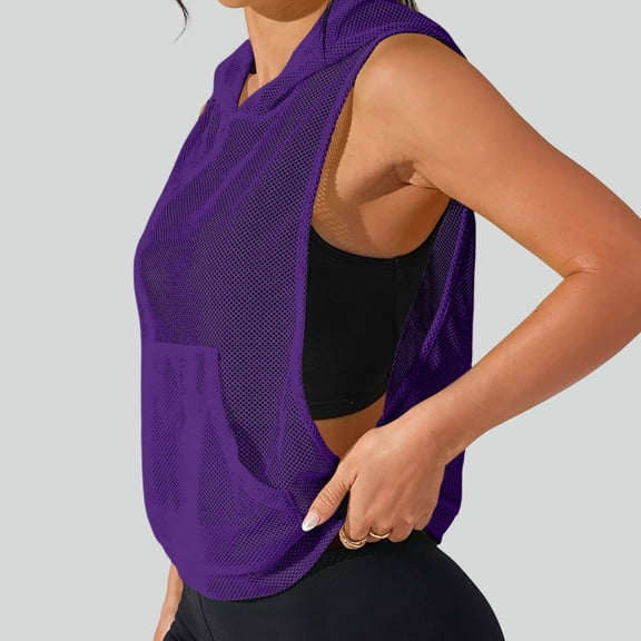 Mifsaly Womens Mesh Workout Tank Tops Sleeveless Hooded Gym Shirts Deep Side Open Athletic Tops Lightweight Breathable Outdoor Running Cover Up L