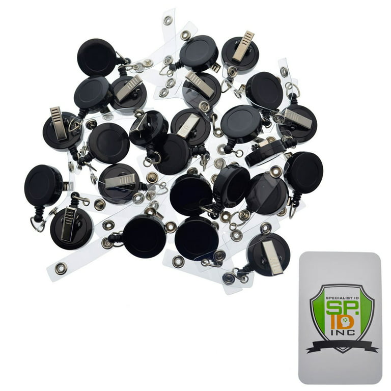100 Pack - Bulk Premium Black Retractable Name Badge Reels with Alligator Swivel Clip & Vinyl Card Holder Strap by Specialist ID