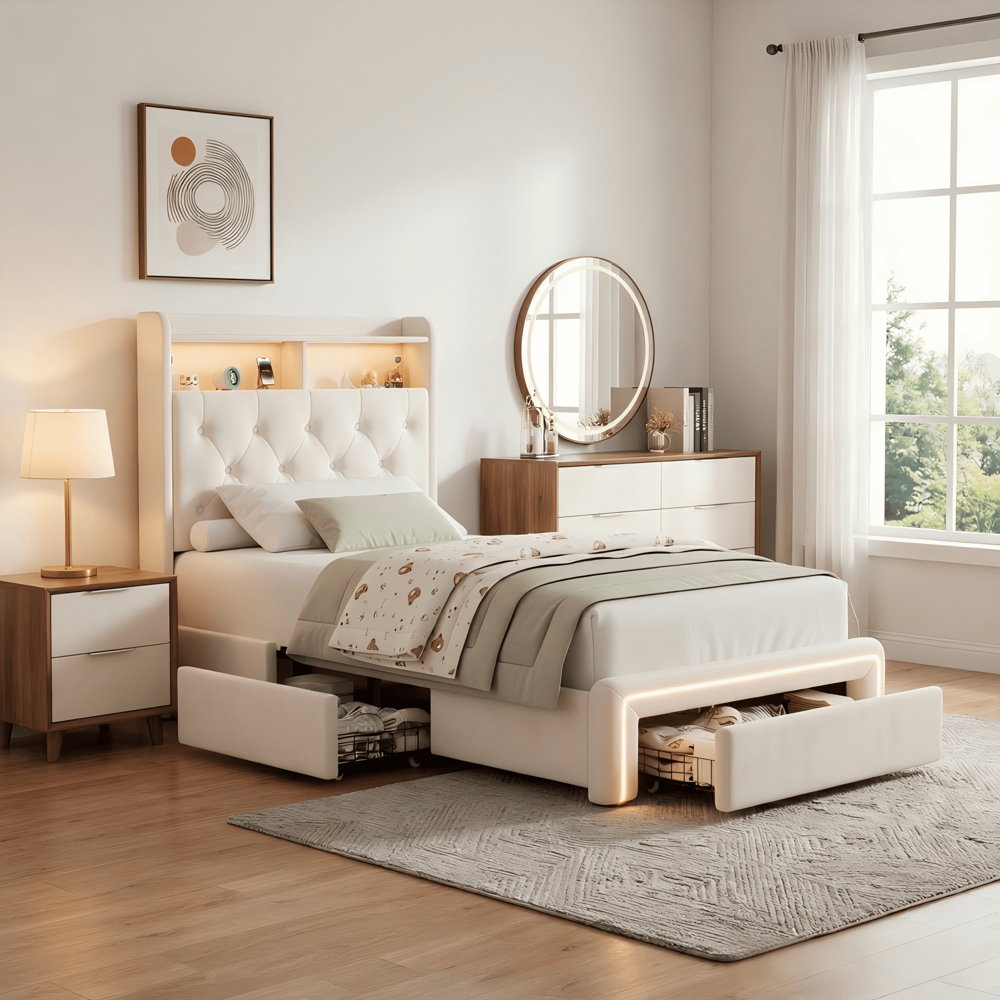 BSHTI FULL Size Beige Velvet Upholstered Platform Bed Frame with LED Storage Headboard, Charging Station, Underbed Drawers, Tufted Design, No Box Spring Needed, Modern Bedroom Furniture (Beige)