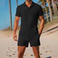 thumbnail image 2 of Stamzod Mens 2 Piece Outfits Fashion Solid Color Turndown Short Sleeve Shirt and Shorts Track Suit Casual Loose Beach Vacation Sweatsuits for Men with Pocket Black E L, 2 of 8