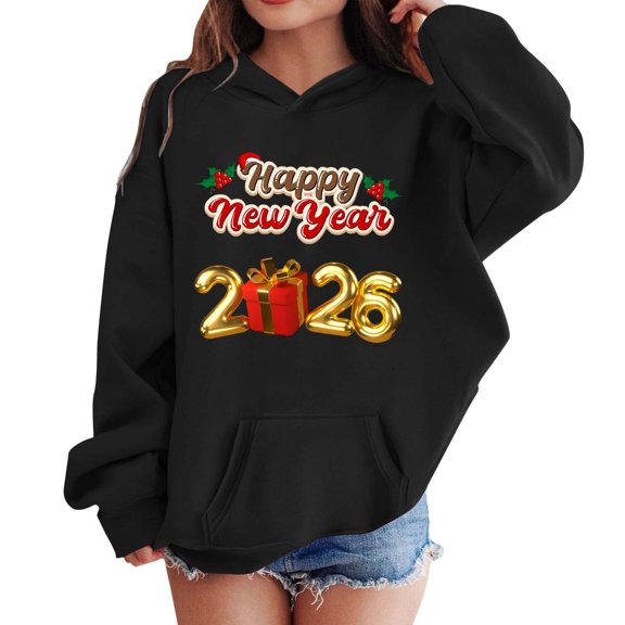 DHFJKG Happy New Year 2026 Hoodies For Kids Boys Girls Sweatshirt Oversized Letter Print Pocket Toddler Child Hooded Pullover Festive Soft Jumper Tops