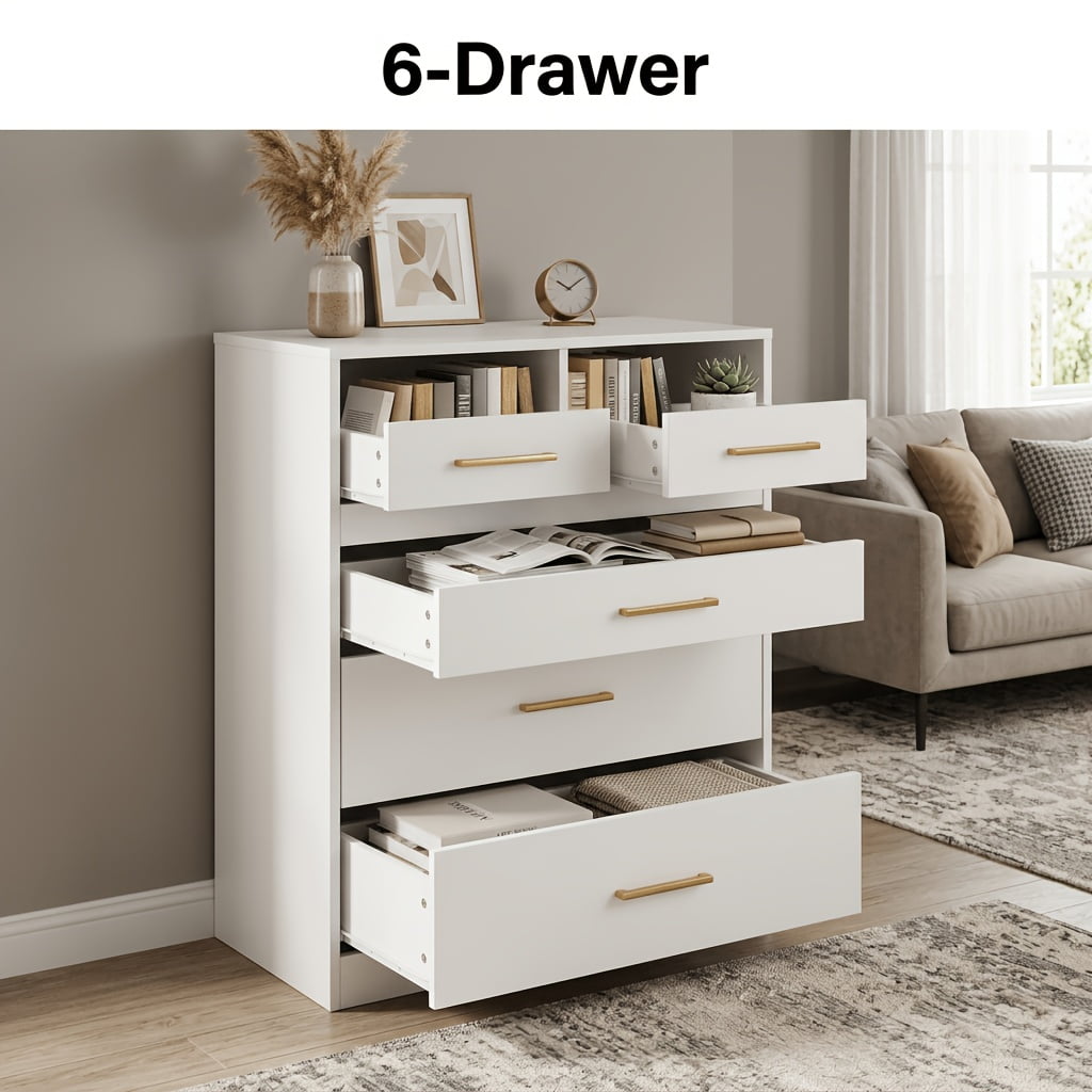 6-Drawer Convertible Storage Dresser - Mid-Century Modern Accent Cabinet for Office & Living Room File Organizer with Display Shelves Decorative Chest