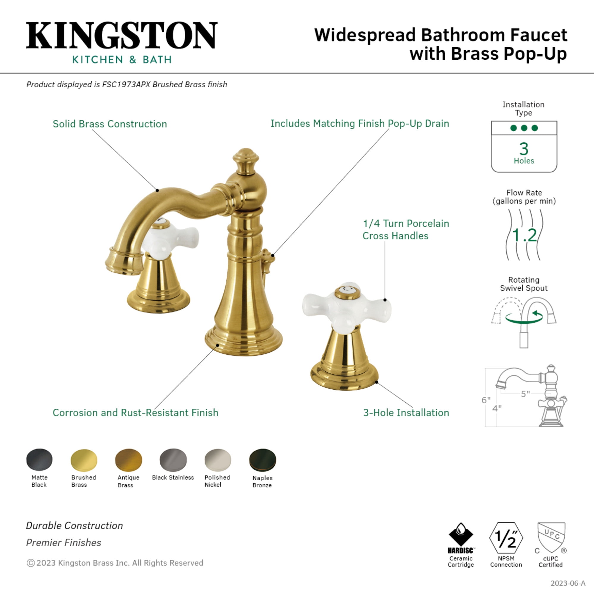 Kingston Brass FSC19733APX American Classic Widespread Bathroom Faucet with Brass Pop-Up, Antique Brass