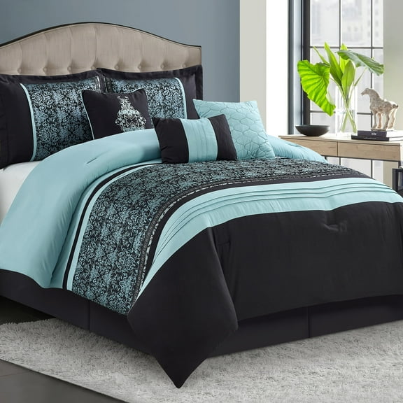 Lanco Damask 7 Piece Comforter Set Aqua/Black, Bed Size Queen, Fill Polyester