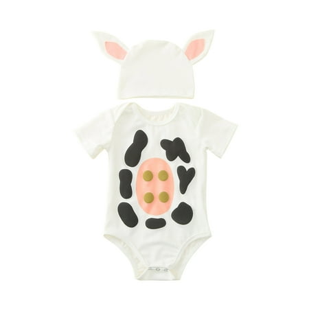 

Odeerbi Baby Bodysuit Layette Onesies for Toddler Infant Boy Girl Short Sleeve Cartoon Dairy Cow Printed Romper Hat Newborn Kids Jumpsuit Outfits Clothes Set White