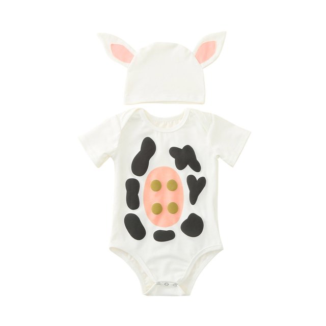 Mono De Bebé Para Niños Y Niñas De Manga Corta Con Estampado De Vaca Lechera De Dibujos Animados Conjunto De Trajes De Sombrero Odeerbi LM103-5040