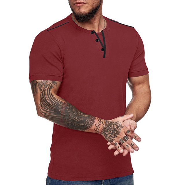 T-Shirt Men Male Spring Summer Top Button Blouse Pure Color Short Sleeve Casual Men's Tall Shirts Red L