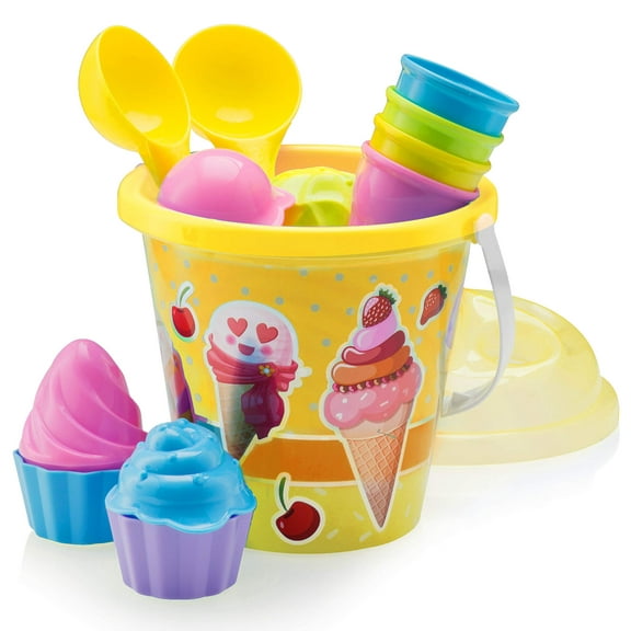 Top Race Beach Toys Set | 16pcs Yellow Ice Cream Playset | Bucket, Spade, Shovels | Ages 1.5-9