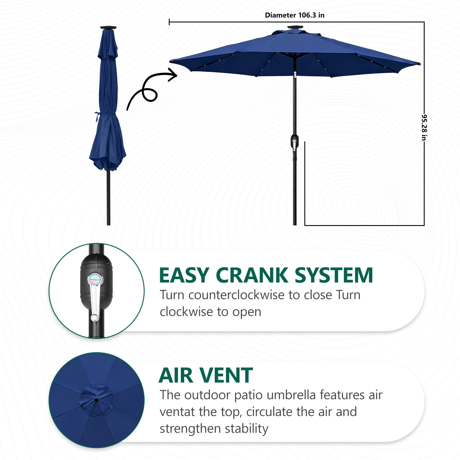 HaiCube 9FT Solar Patio Umbrella with LED Lights, Outdoor Market Umbrella with Solar Panel, 8 Heavy-Duty Ribs, for Patio, Deck, Garden,Dark Blue