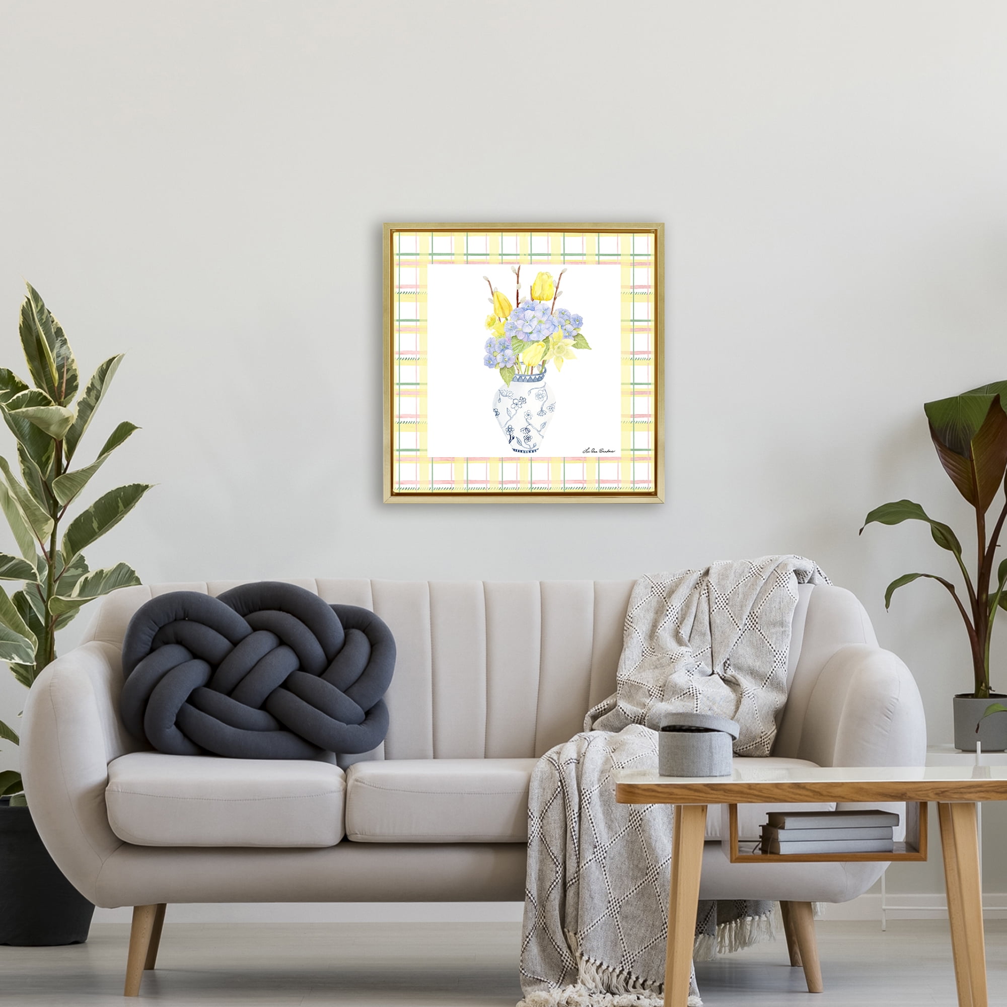 Spring Vase on Yellow Plaid Gold Framed Floater Canvas Wall Art, design by Lee Ann Sanders