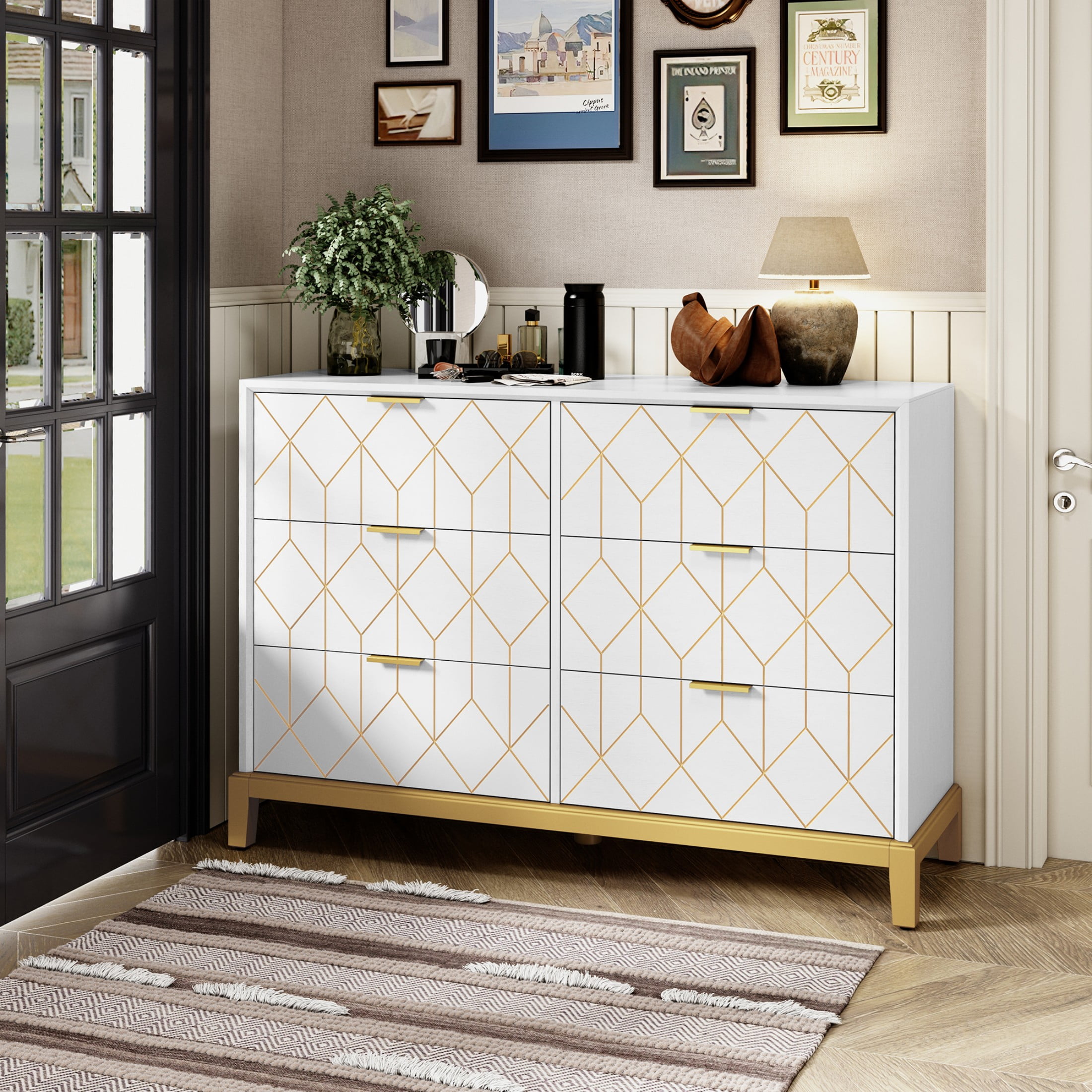 HLR Modern 6 Drawers Dresser, White Wood Dresser for Bedroom Wide Chest of Drawers, Storage Double Dressers Organizer for Bedroom, Living Room