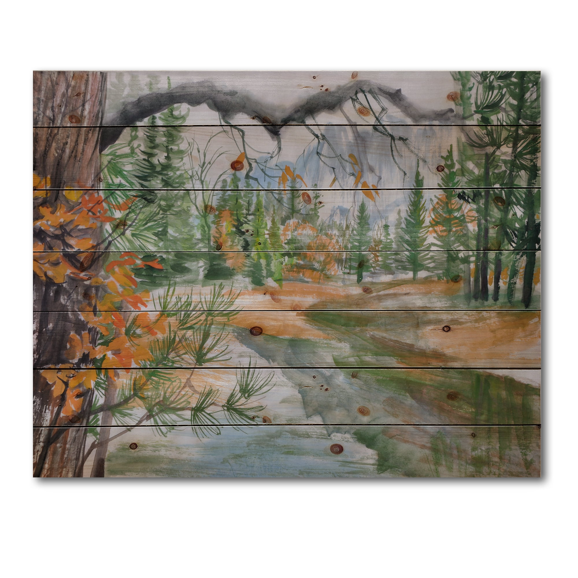 Designart 'Trees With River In Autumn Forest' Lake House Print on Natural Pine Wood