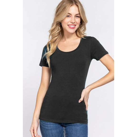 ACTIVE BASIC) Sexy Scoop Neck Short Sleeve T Shirt Stretch Cotton Tee (S-2X)