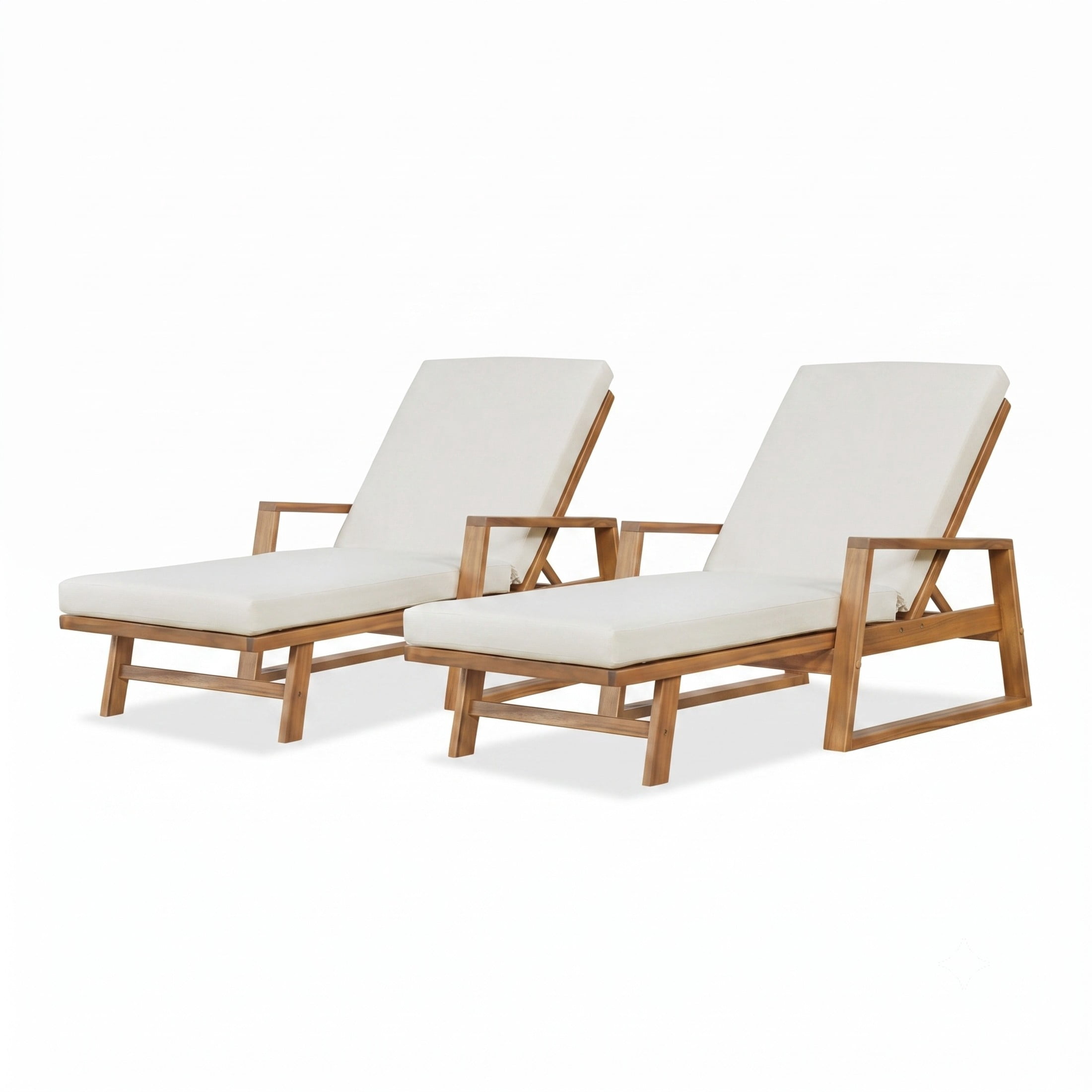 Christopher Knight Home Acacia Wood Outdoor Chaise Lounge with Adjustable Backrest and Cushion, Teak+Beige, Set of 2